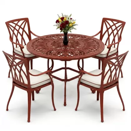 Yuvarlak Masa E:100 x D:100 x Y:72 cm 4 Kişilik modern kollu alüminyum döküm masa ve sandalye takımı kiremit kırmızı