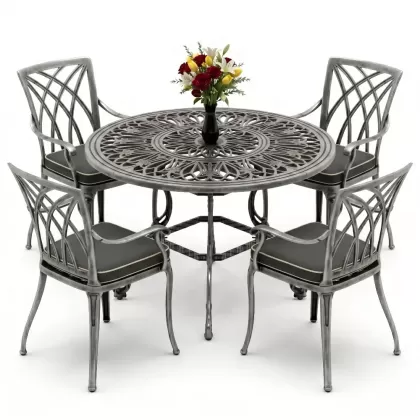 Yuvarlak Masa E:100 x D:100 x Y:72 cm 4 Kişilik modern kollu alüminyum döküm masa ve sandalye takımı silver gümüş