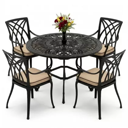 Yuvarlak Masa E:100 x D:100 x Y:72 cm 4 Kişilik modern kollu alüminyum döküm masa ve sandalye takımı siyah