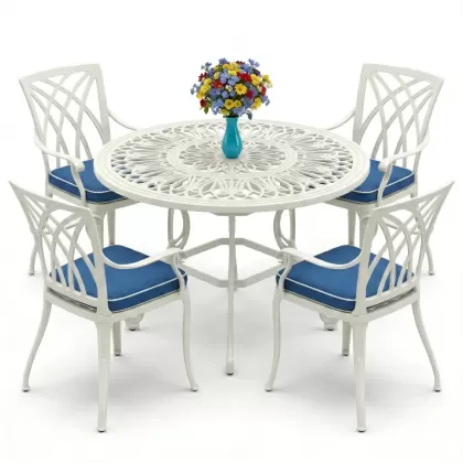 Yuvarlak Masa E:100 x D:100 x Y:72 cm 4 Kişilik modern kollu alüminyum döküm masa ve sandalye takımı beyaz