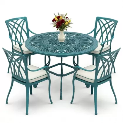 Yuvarlak Masa E:100 x D:100 x Y:72 cm 4 Kişilik modern kollu alüminyum döküm masa ve sandalye takımı turkuaz
