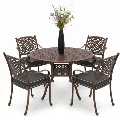 Yuvarlak Masa E:120 x D:120 x Y:74 cm 4 Kişilik güneş desen alüminyum döküm masa ve sandalye takımı bakır eskitme