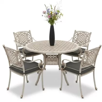 Yuvarlak Masa E:120 x D:120 x Y:74 cm 4 Kişilik güneş desen alüminyum döküm masa ve sandalye takımı beyaz eskitme