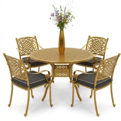 Yuvarlak Masa E:120 x D:120 x Y:74 cm 4 Kişilik güneş desen alüminyum döküm masa ve sandalye takımı altın gold