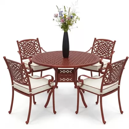 Yuvarlak Masa E:120 x D:120 x Y:74 cm 4 Kişilik güneş desen alüminyum döküm masa ve sandalye takımı kiremit kırmızı