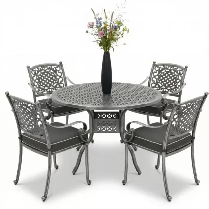 Yuvarlak Masa E:120 x D:120 x Y:74 cm 4 Kişilik güneş desen alüminyum döküm masa ve sandalye takımı silver gümüş