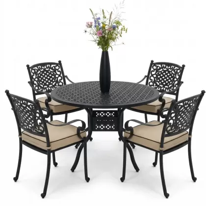 Yuvarlak Masa E:120 x D:120 x Y:74 cm 4 Kişilik güneş desen alüminyum döküm masa ve sandalye takımı siyah
