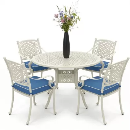 Yuvarlak Masa E:120 x D:120 x Y:74 cm 4 Kişilik güneş desen alüminyum döküm masa ve sandalye takımı beyaz