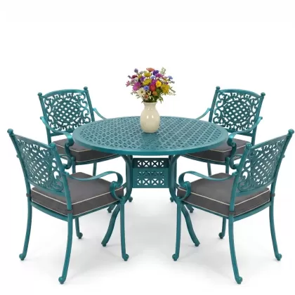 Yuvarlak Masa E:120 x D:120 x Y:74 cm 4 Kişilik güneş desen alüminyum döküm masa ve sandalye takımı turkuaz