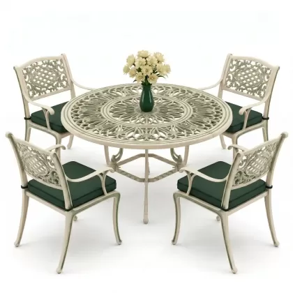 Yuvarlak Masa E:120 x D:120 x Y:74 cm 4 Kişilik güneş desen alüminyum döküm masa ve sandalye takımı yeşil patina