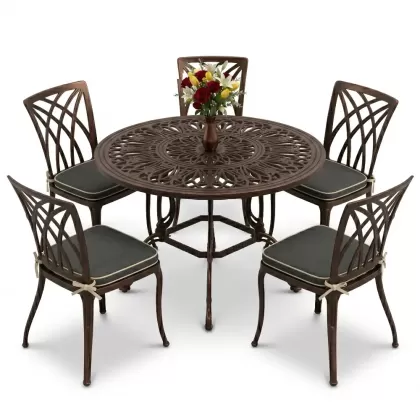 Yuvarlak Masa E:120 x D:120 x Y:74 cm 5 Kişilik modern kolsuz alüminyum döküm masa ve sandalye takımı bakır eskitme