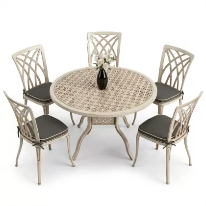 Yuvarlak Masa E:120 x D:120 x Y:74 cm 5 Kişilik modern kolsuz alüminyum döküm masa ve sandalye takımı beyaz eskitme