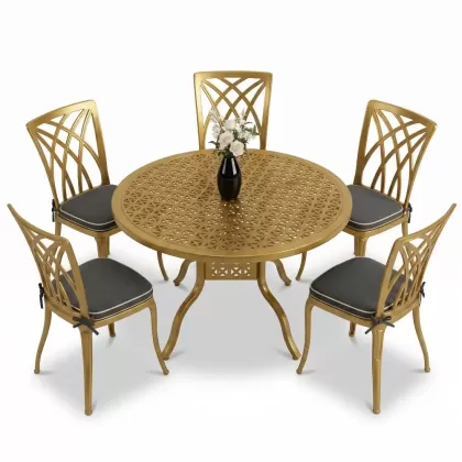 Yuvarlak Masa E:120 x D:120 x Y:74 cm 5 Kişilik modern kolsuz alüminyum döküm masa ve sandalye takımı gold altın