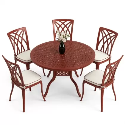 Yuvarlak Masa E:120 x D:120 x Y:74 cm 5 Kişilik modern kolsuz alüminyum döküm masa ve sandalye takımı kırmızı kiremit