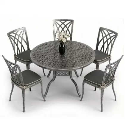 Yuvarlak Masa E:120 x D:120 x Y:74 cm 5 Kişilik modern kolsuz alüminyum döküm masa ve sandalye takımı silver gümüş