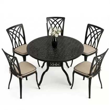 Yuvarlak Masa E:120 x D:120 x Y:74 cm 5 Kişilik modern kolsuz alüminyum döküm masa ve sandalye takımı siyah