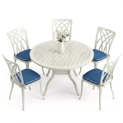 Yuvarlak Masa E:120 x D:120 x Y:74 cm 5 Kişilik modern kolsuz alüminyum döküm masa ve sandalye takımı beyaz