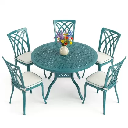 Yuvarlak Masa E:120 x D:120 x Y:74 cm 5 Kişilik modern kolsuz alüminyum döküm masa ve sandalye takımı turkuaz