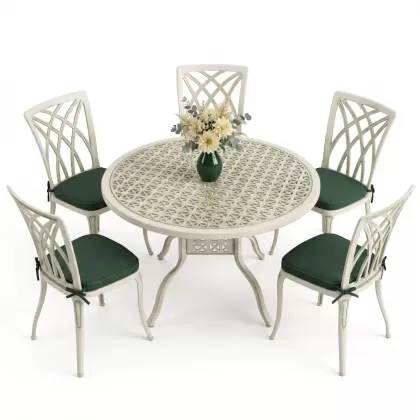 Yuvarlak Masa E:120 x D:120 x Y:74 cm 5 Kişilik modern kolsuz alüminyum döküm masa ve sandalye takımı yeşil patina