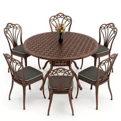 Yuvarlak Masa E:120 x D:120 x Y:74 cm 6 Kişilik kolsuz tavuskuşu desen alüminyum döküm masa ve sandalye takımı bakır eskitme