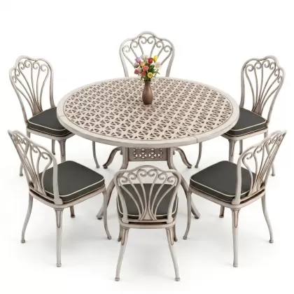 Yuvarlak Masa E:120 x D:120 x Y:74 cm 6 Kişilik kolsuz tavuskuşu desen alüminyum döküm masa ve sandalye takımı beyaz eskitme