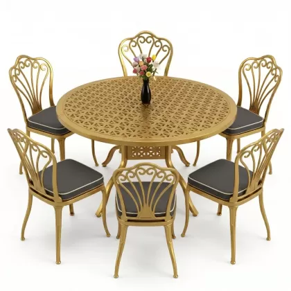 Yuvarlak Masa E:120 x D:120 x Y:74 cm 6 Kişilik kolsuz tavuskuşu desen alüminyum döküm masa ve sandalye takımı gold altın