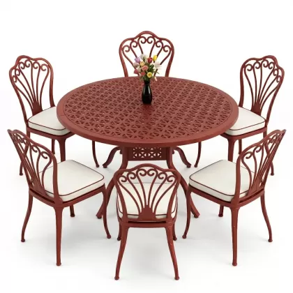 Yuvarlak Masa E:120 x D:120 x Y:74 cm 6 Kişilik kolsuz tavuskuşu desen alüminyum döküm masa ve sandalye takımı kırmızı kiremit