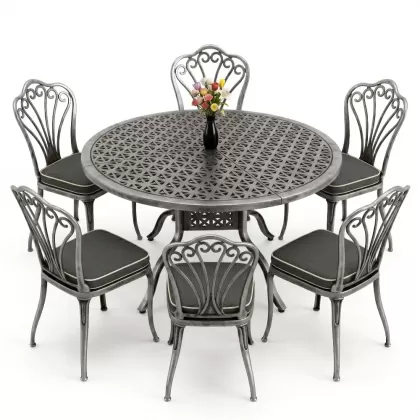 Yuvarlak Masa E:120 x D:120 x Y:74 cm 6 Kişilik kolsuz tavuskuşu desen alüminyum döküm masa ve sandalye takımı gümüş silver