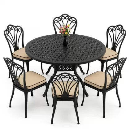 Yuvarlak Masa E:120 x D:120 x Y:74 cm 6 Kişilik kolsuz tavuskuşu desen alüminyum döküm masa ve sandalye takımı siyah