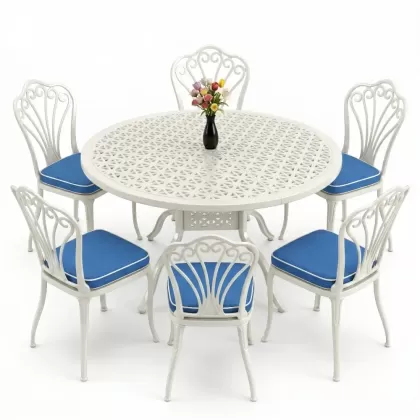 Yuvarlak Masa E:120 x D:120 x Y:74 cm 6 Kişilik kolsuz tavuskuşu desen alüminyum döküm masa ve sandalye takımı beyaz