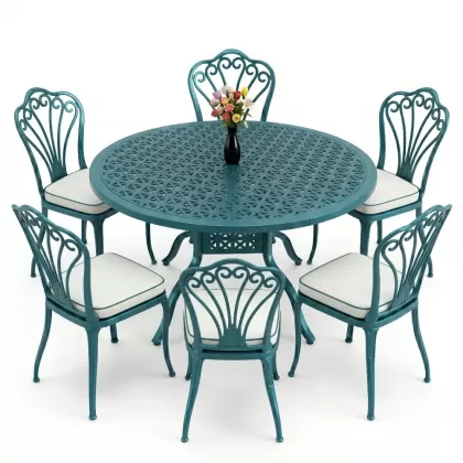 Yuvarlak Masa E:120 x D:120 x Y:74 cm 6 Kişilik kolsuz tavuskuşu desen alüminyum döküm masa ve sandalye takımı turkuaz