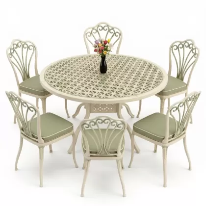 Yuvarlak Masa E:120 x D:120 x Y:74 cm 6 Kişilik kolsuz tavuskuşu desen alüminyum döküm masa ve sandalye takımı yeşil patina