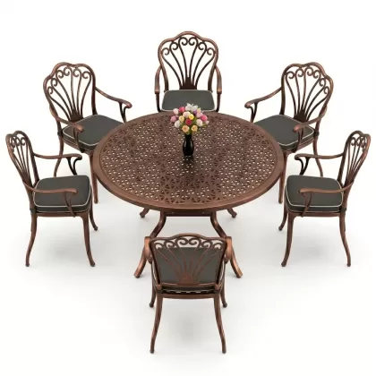 Yuvarlak Masa E:120 x D:120 x Y:74 cm 6 Kişilik kollu tavuskuşu desen alüminyum döküm masa ve sandalye takımı bakır eskitme