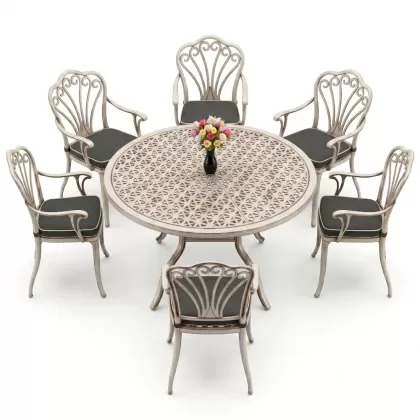 Yuvarlak Masa E:120 x D:120 x Y:74 cm 6 Kişilik kollu tavuskuşu desen alüminyum döküm masa ve sandalye takımı beyaz eskitme