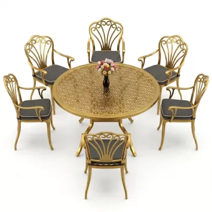 Yuvarlak Masa E:120 x D:120 x Y:74 cm 6 Kişilik kollu tavuskuşu desen alüminyum döküm masa ve sandalye takımı gold altın