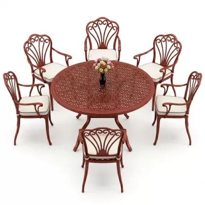 Yuvarlak Masa E:120 x D:120 x Y:74 cm 6 Kişilik kollu tavuskuşu desen alüminyum döküm masa ve sandalye takımı kırmızı kiremit