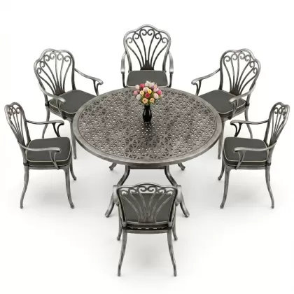 Yuvarlak Masa E:120 x D:120 x Y:74 cm 6 Kişilik kollu tavuskuşu desen alüminyum döküm masa ve sandalye takımı silver gümüş