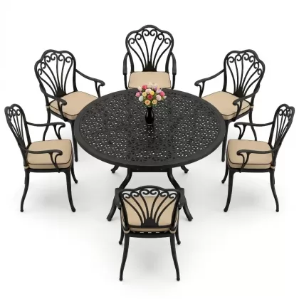 Yuvarlak Masa E:120 x D:120 x Y:74 cm 6 Kişilik kollu tavuskuşu desen alüminyum döküm masa ve sandalye takımı siyah