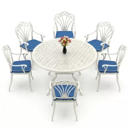 Yuvarlak Masa E:120 x D:120 x Y:74 cm 6 Kişilik kollu tavuskuşu desen alüminyum döküm masa ve sandalye takımı beyaz