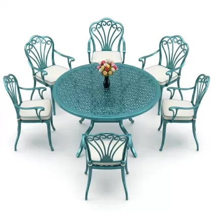 Yuvarlak Masa E:120 x D:120 x Y:74 cm 6 Kişilik kollu tavuskuşu desen alüminyum döküm masa ve sandalye takımı turkuaz