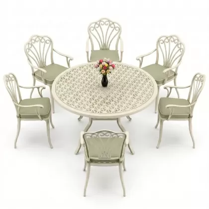 Yuvarlak Masa E:120 x D:120 x Y:74 cm 6 Kişilik kollu tavuskuşu desen alüminyum döküm masa ve sandalye takımı yeşil patina