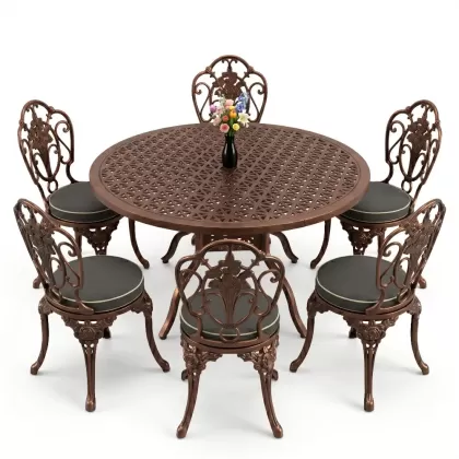 Yuvarlak Masa E:120 x D:120 x Y:74 cm 6 Kişilik kolsuz gül desen alüminyum döküm masa ve sandalye takımı bakır eskitme