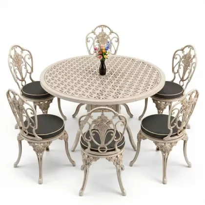 Yuvarlak Masa E:120 x D:120 x Y:74 cm 6 Kişilik kolsuz gül desen alüminyum döküm masa ve sandalye takımı beyaz eskitme