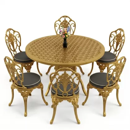 Yuvarlak Masa E:120 x D:120 x Y:74 cm 6 Kişilik kolsuz gül desen alüminyum döküm masa ve sandalye takımı gold altın