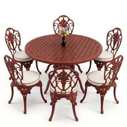 Yuvarlak Masa E:120 x D:120 x Y:74 cm 6 Kişilik kolsuz gül desen alüminyum döküm masa ve sandalye takımı kırmızı kiremit