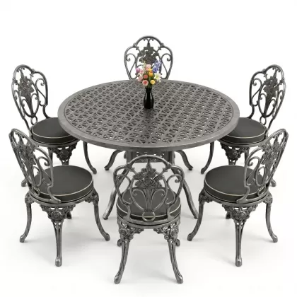 Yuvarlak Masa E:120 x D:120 x Y:74 cm 6 Kişilik kolsuz gül desen alüminyum döküm masa ve sandalye takımı silver gümüş