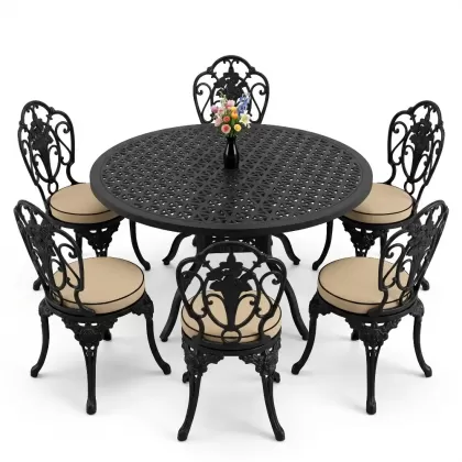 Yuvarlak Masa E:120 x D:120 x Y:74 cm 6 Kişilik kolsuz gül desen alüminyum döküm masa ve sandalye takımı siyah