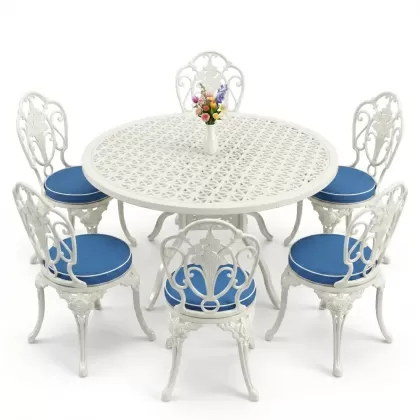 Yuvarlak Masa E:120 x D:120 x Y:74 cm 6 Kişilik kolsuz gül desen alüminyum döküm masa ve sandalye takımı beyaz