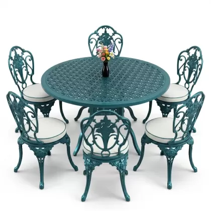 Yuvarlak Masa E:120 x D:120 x Y:74 cm 6 Kişilik kolsuz gül desen alüminyum döküm masa ve sandalye takımı turkuaz