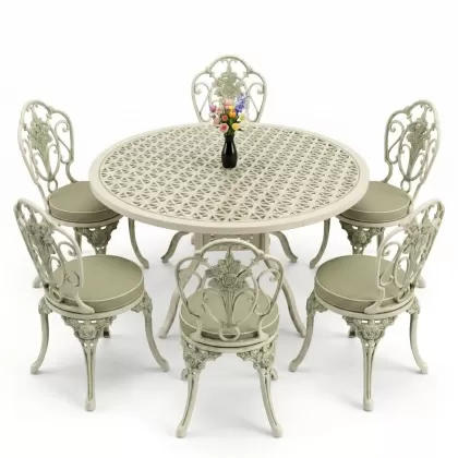 Yuvarlak Masa E:120 x D:120 x Y:74 cm 6 Kişilik kolsuz gül desen alüminyum döküm masa ve sandalye takımı yeşil patina